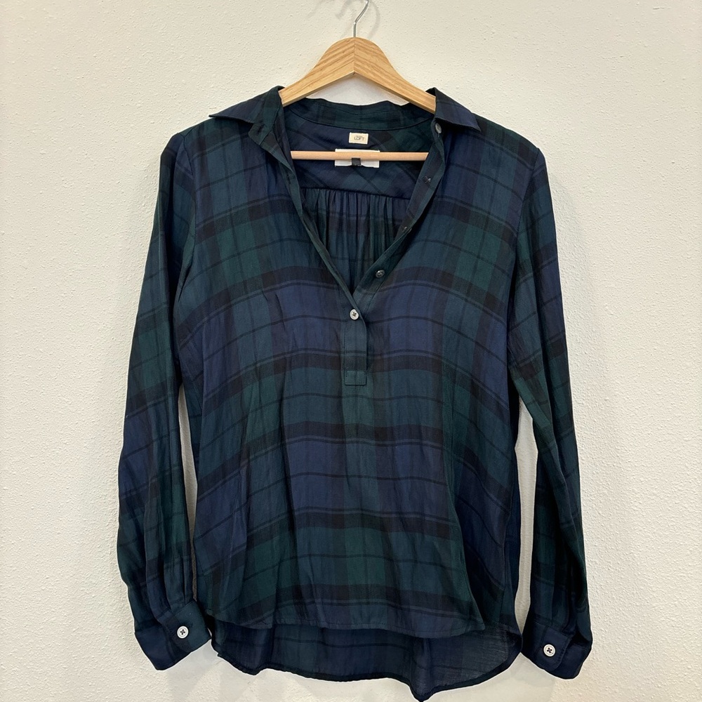 Soft LOFT Navy and Green Plaid Button-Down Shirt
